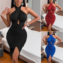 Sexy Bling-bling Backless Gathered Cutout Halterneck Party Dress
