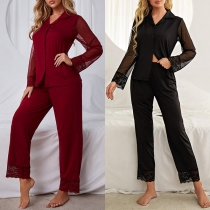 Comfortable Solid Color Gauze Lace Spliced Two-piece Loungewear Set