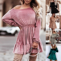 Fashion Solid Color Long Sleeve Elasitc Waistline Ruffle Hemline Dress
