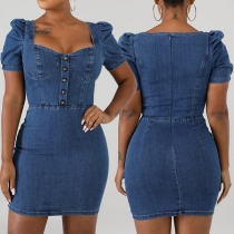 Casual Short Sleeve Scoop Neck Bodycon Denim Dress