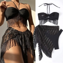 Sexy Tassel  Three-piece Bikini Set consists of Halter Tassel Bikini Top+Bikini Bottoms+Tassel Swim Cover-up Skirt