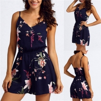 Vintage Floral Printed Elastic Waistline Sleeveless Cami Romper