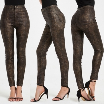 Modernt krokodilmönstrat konstläder PU Slim Fit byxor