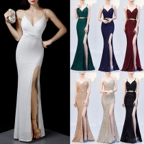 Bling-bling Deep V-neck Side Slit Slip Maxi Party Dress