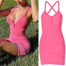 Sexig V-ringad Enfärgad Knäppad Cross-cross Bodycon Slip Klänning