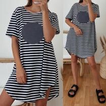 Casual Short Sleeve Round Neck Stripe Heart Pattern Loose Dress