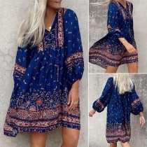Bohemia Style Floral Printed V-neck Loose Mini Dress