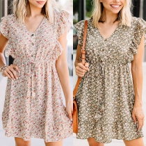 Fashion Floral Printed V-neck Drawstring Ruffle Dress