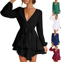 Fashion Solid Color Long Sleeve V-neck Irregular Hemline Tie-belt Warp Dress
