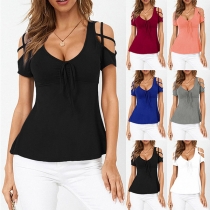 Sexy Solid Color Open-shoulder Crossover V-neck Shirt