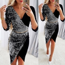 Fashion Contrast Color Sequined Spliced Long Sleeve V-neck Dress (Without Belt)