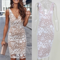 Sexy Plung V-neck Sleeveless Lace Spliced Bodycon Dress