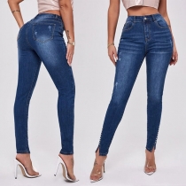 Mode High Waist Beaded Slit Slim Fit Elastiska Jeans