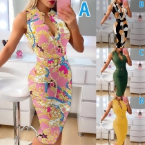 Fashion Stand Collar Buttoned Sleeveless Bodycon Dress with Belt