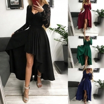 Fashion Lace Spliced Long Sleeve V-neck Iregular Hemline Dress