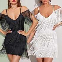 Sexy Solid Color Open-shoulder Tassel Bodycon Dress