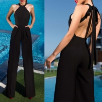 Fashion Solid Color Backless Wide-leg Halter Jumpsuit