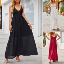 Fashion Solid Color Lace Spliced V-neck Side Slit Slip Dress