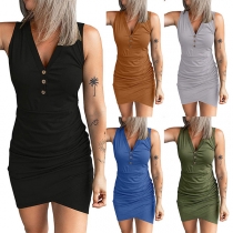 Fashion Solid Color Buttoned V-neck Sleeveless Irregular Hemline Bodycon Dress
