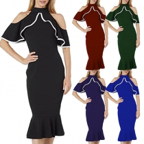 Sexy Contrast Color Ruffle Open Shoulder Mock Neck Bodycon Dress