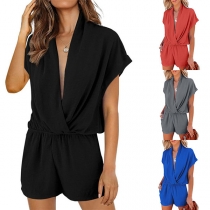Fashion Solid Color V-neck Short Dolman Sleeves Romper