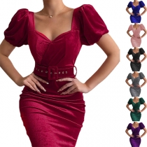 Sexy Solid Color Short Sleeve Low-cut Sweetheart Short Peasant Sleeves Bodycon Dress with Belt