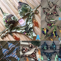Bohemia Style Floral Printed Bikini Set Consist of Halter Bikini Top and Self-tie Bikini Bottom