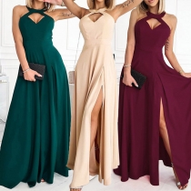 Sexy Solid Color Cutout Leg Slit Halter Maxi Dress