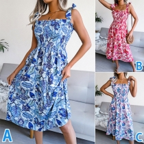 Bohemia Style Floral Printed Tie-strap Smocked Midi Dress