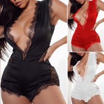 Sexy Solid Color Lace Spliced Plunge V-neck Lingerie Bodysuit