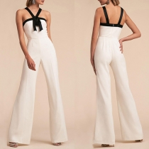 Sexy Contrast Color Bowknow Wide-leg Halter Jumpsuit