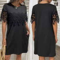 Casual Lace Spliced Short Sleeve Slant Pocket Mini Dress
