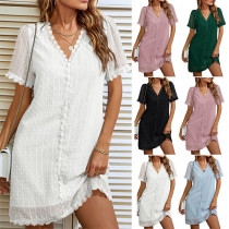 Casual Lace Spliced Short Sleeve Swiss Dot Dress