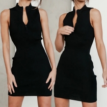 Mode enfärgad, ärmlös dragkedja, Mock Neck Ribbed Bodyconklänning