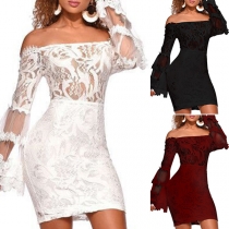 Fashion Round neck Long Sleeve Slim Fit Lace Dress