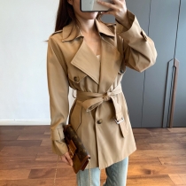 Snygg enfärgad Dubbelknäppt Lapel Kort Trench-jacka