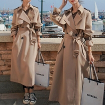 Side Split Slim Fashion Long Buckle Belt Lapel Trench Coat（Size Run Small）
