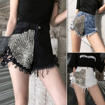 Blue Studded Rivets Destroyed Denim Cutoffs Short Jeans Shorts