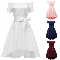 Sexy Backless Lace Chiffon Spliced Short Sleeve Dress