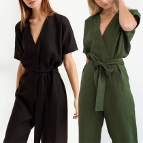 Fashion V-neck 3/4 Sleeve Lace Up Chiffon Jumpsuit
