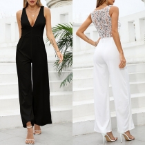 Fashion Lace Spliced Round Neck Sleeveless Jumpsuit