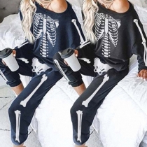 Fashion Dazzling Skull Head Long-sleeveed Casual Woman Sportswear Set