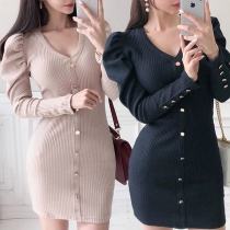 Elegant Single-breasted Long Sleeve Dress with Waistband