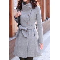 Elegant Slim Lapel Bowknot Sash Pure Color Worsted Coat