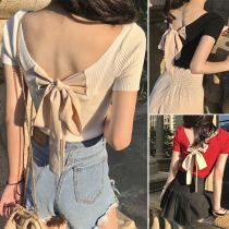 Bowknot Sexy Low Cut Back Cutout Short Sleeve T Shirt