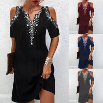 Rhinestone Asymmetric Relaxed Butterfly Sleeve V Neck Shift Dress