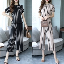Fashion 3/4 Sleeve Striped Tops + Pants Two-piece Set