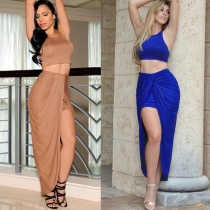 Sexy Solid Color Crop top+ Split Hem Skirt Two-piece Set