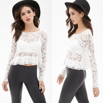 Fashion Long Sleeve Round Neck Flouncing Hem Lace Tops
