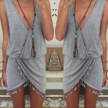 Retro Deep V-neck Irregular Tassels Hem Sleeveless Dress